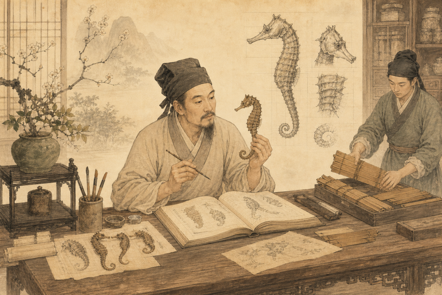 明代本草学者观察海马的古风素描长卷